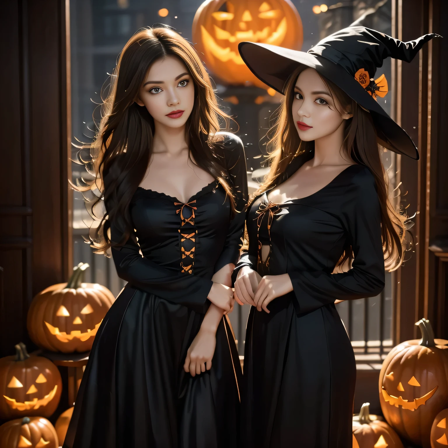 dark hair, Hair shaking, victory, long lashes , Solid round eye, faint smile, red ears , direction,  surrealism , milk, relief, Stereogram, Standing photo , Throw, Atmospheric perspective, 8k, super detailed, Precise, best quality，Multiple sclerosis. Arafai  , Wearing a black dress, stands in front of a row of carved pumpkins, Halloween atmosphere, Halloween night, in a Halloween style, Halloween theme, Halloween art style, Halloween, Horrible but fascinating, Beautiful witch spooky woman, Beautiful witch, Halloween celebration, spooky Halloween night, Halloween Consequences, Halloween scene, Beautiful witch,
