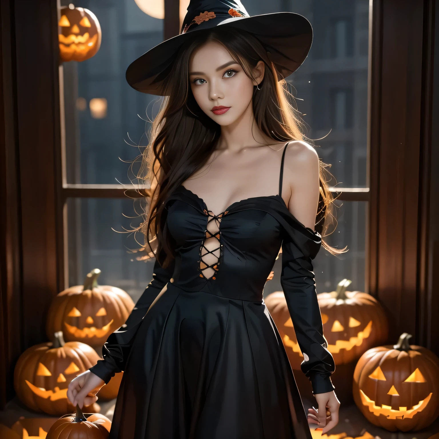 dark hair, Hair shaking, victory, long lashes , Solid round eye, faint smile, red ears , direction,  surrealism , milk, relief, Stereogram, Standing photo , Throw, Atmospheric perspective, 8k, super detailed, Precise, best quality，Multiple sclerosis. Arafai  , Wearing a black dress, stands in front of a row of carved pumpkins, Halloween atmosphere, Halloween night, in a Halloween style, Halloween theme, Halloween art style, Halloween, Horrible but fascinating, Beautiful witch spooky woman, Beautiful witch, Halloween celebration, spooky Halloween night, Halloween Consequences, Halloween scene, Beautiful witch,
