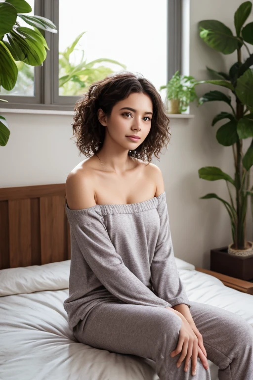 (photorealism:1.2), beautiful woman, sitting on bed, wearing loose off-shoulder top, pajama pants, long curly hair, indoors, soft lighting, plants in background, window with sunlight, cozy room, relaxed pose, realistic, intricate details, 