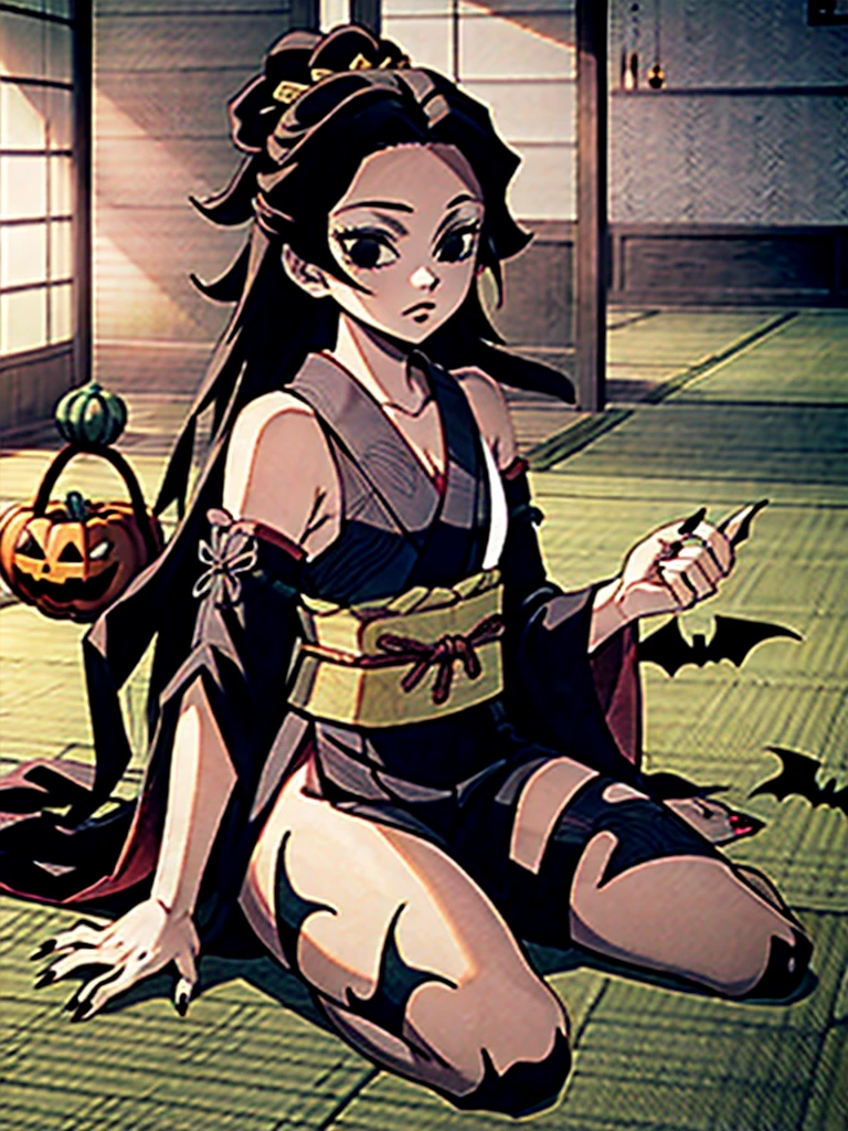 Kimetsu no Yaiba style, 1girl, solo, kblack eyes, bright red hair, extra very long hair,   ((Masterpiece)), ((Masterpiece)), (((hiquality))), japanese clothes, black kimono, Sleeveless, detached sleeves, black nails, blue shadows,  little chest, Bare thigh, deep neckline, indoors, on the tatami, ginedb, halloween style, art, pumpkings, bats, halloween style