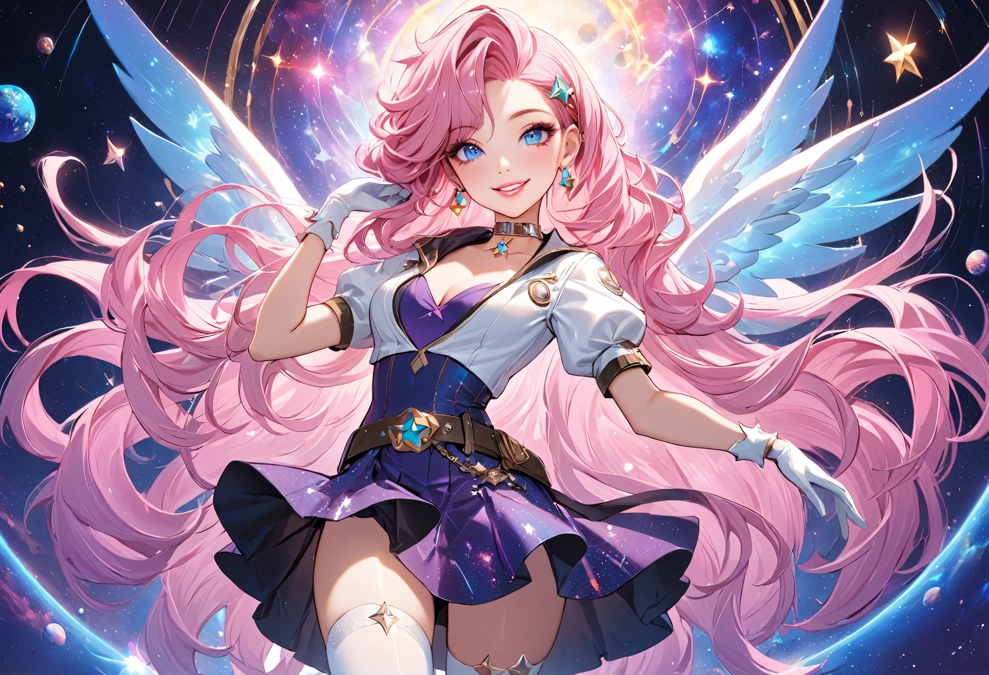 (masterpiece, best quality:1.2), 1girl, solo, SeraphineLoLXL, blue eyes, sexy, squinty eyes, long eyelashes, pink hair, bangs, hair ornament, very long hair, shiny hair, star (symbol), earrings, medium breasts, smiling with Glossy lips apart, chocker, white jacket, puffy short sleeves, purple dress, wings, white gloves, skirt, belt, white thighhighs, brown boots, cosmic fantasy background