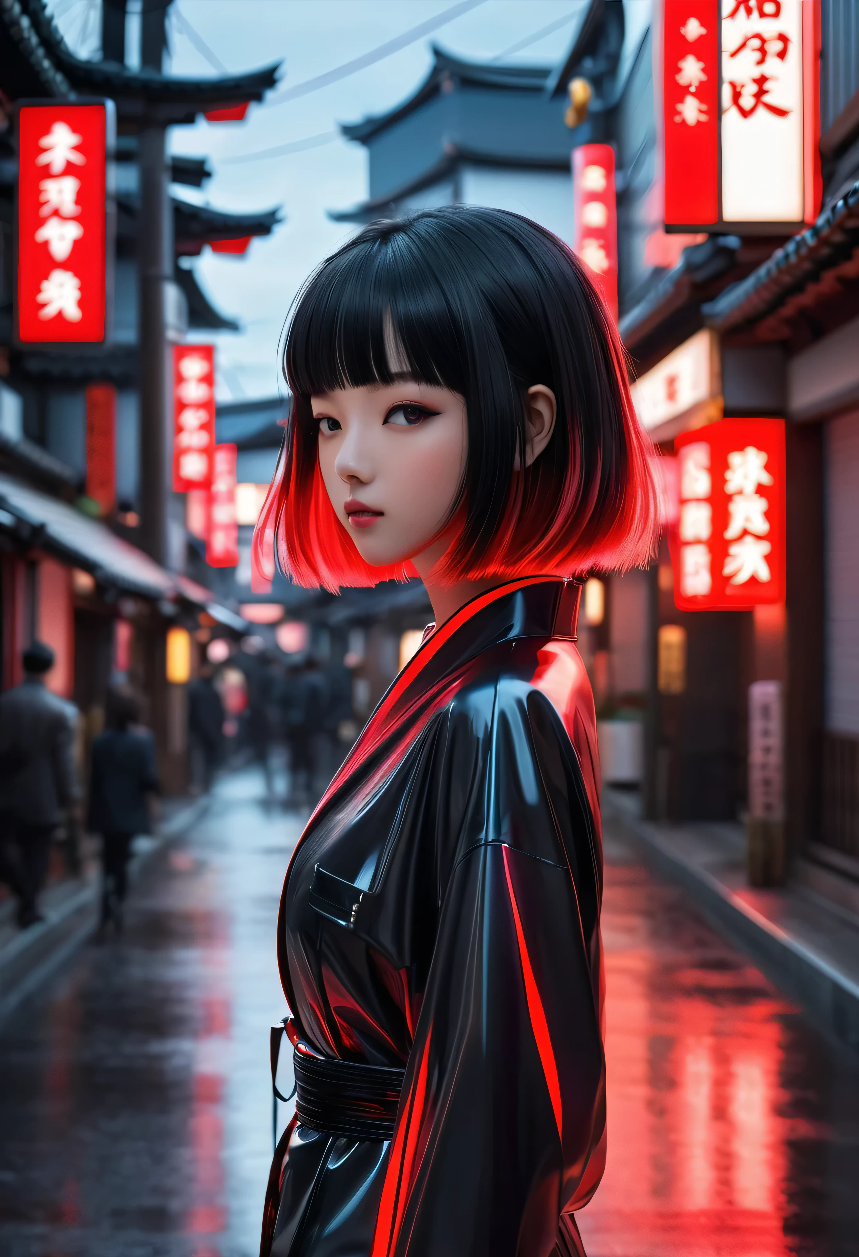 black Sakura, masterpiece, neon red Bob, Grey Eyes, blunt cut, Japanese girl, full body, side view at the back