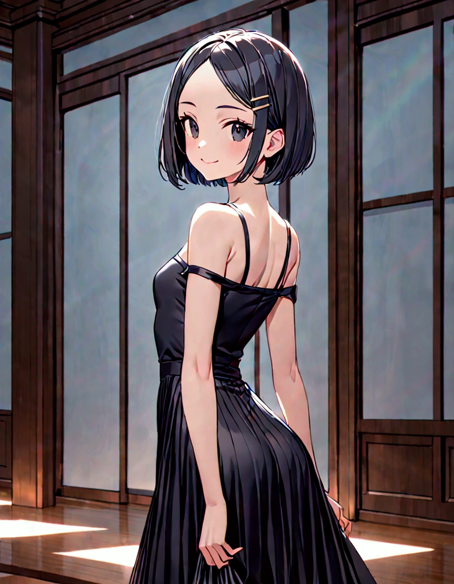 (masterpiece)(best quality)(ultra detailed)(high resolution),solo  girl, black hair short hair, bob cut, (forehead:1.2)(hairpin in center parted bangs:1.2), black eyes, slender body, medium hip, smile, jet black dress off shoulder dress, long skirt tight skirt, upper body above knees, from side, pose of looking back, indoors,