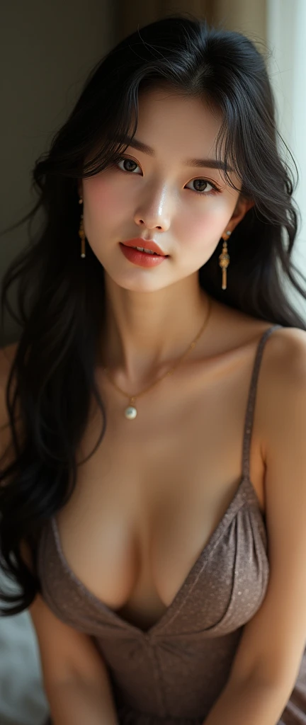 (((((upper body shot))))),(((nude))),(((nipples))),(((sagging breasts))),Ultra-high resolution,big eyes,Japanese,(forehead),(a girl),(1 girl),(17 years old),((cute)),pretty,earring,((arms behind back)),(looking at viewer),((facing at viewer)),necklace,((long hair)),(gold hair accessories),((((black body lace))))