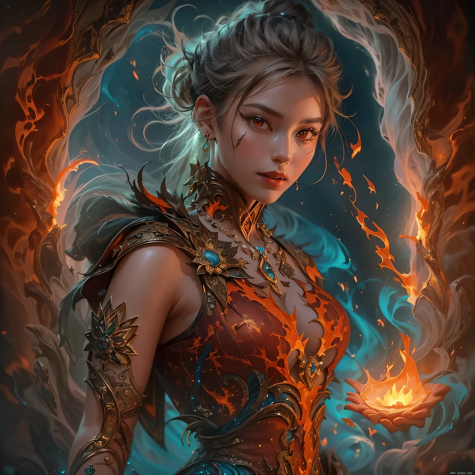 This (realistic fantasy) art contains embers, real flames, real heat, and realistic fire. Generate a masterpiece artwork of a petite female fire druid with large (((orange and gold))) eyes. The fire druid is awe-inspiring with beautiful ((realistic fiery eyes)) alight with confidence and power. Her features are elegant and well defined, with ((soft puffy and kissable)) lips, elven bone structure, and realistic shading. Her eyes are important and should be the focal point of this artwork, with ((extremely realistic details, macro details, and shimmer.)) She is wearing a billowing and glittering dress made of realistic flames and jewels that glimmer in the fire light. Wisps of fire and smoke line the intricate bodice of the dress. Include bumps, stones, fiery iridescence, glowing embers, silk and satin and leather, an interesting background, and heavy fantasy elements. Camera: Utilize dynamic composition techniques to enhance the realistic flames.