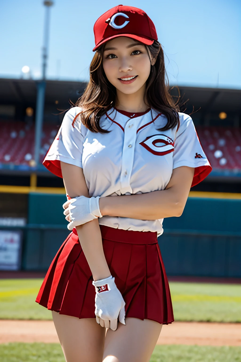 ((best quality)), ((masterpiece)), (detailed), 1girl,baseball player on baseball stadium,((clothed:1.1)),(Cincinnati Reds uniform),sexy red with white color baseball uniforms,wearing red baseball cap ,baseball mittens ,hold baseball bats,(pleated mini skirt )((huge breasts:2.0,see through:20,high leg micro pantie)),best smile,crossed arms,hold breasts,standing and style posing ,open legs,(beautiful pussy line),(Protruding pubic hair),