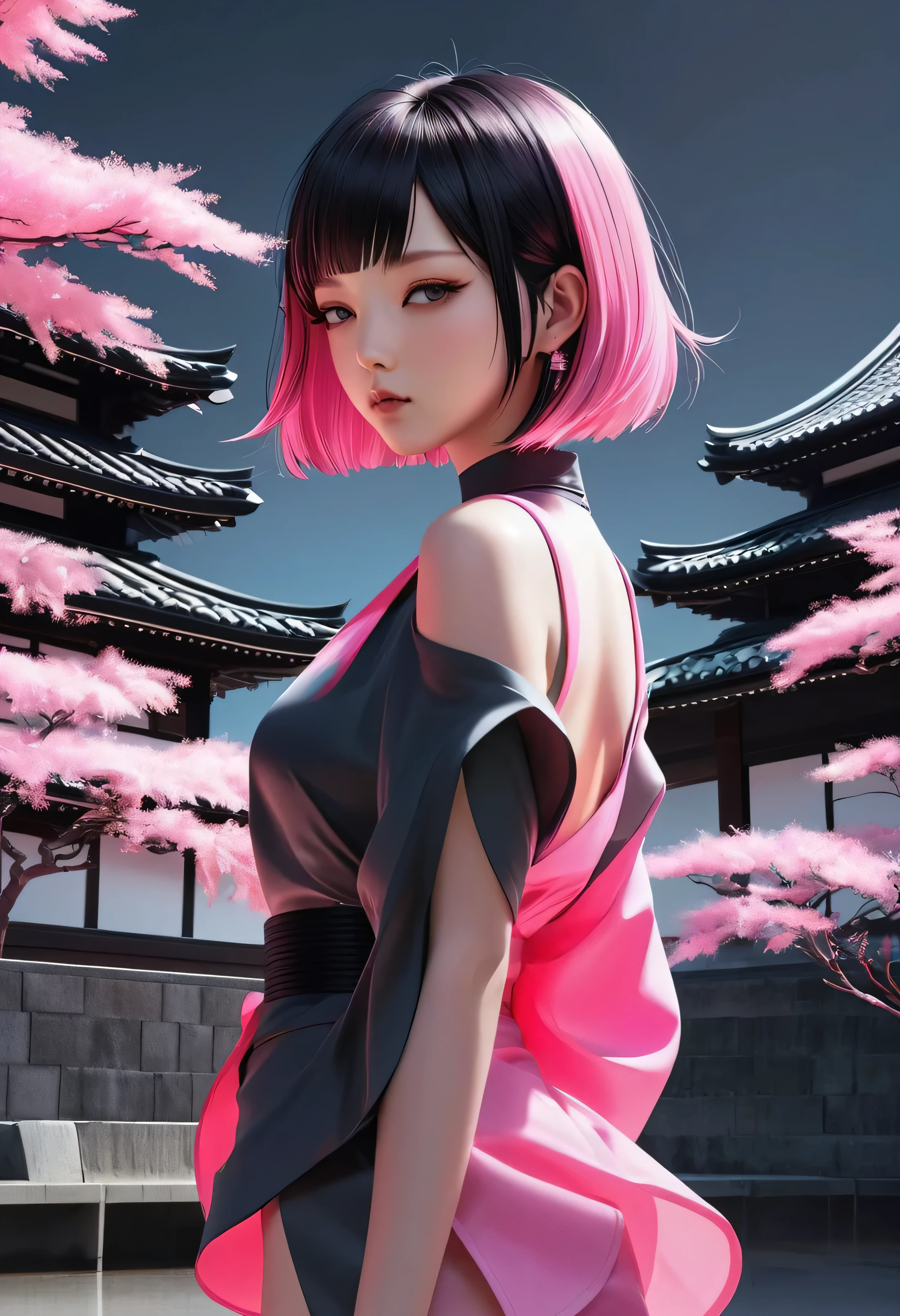 black Sakura, masterpiece, neon pink Bob, Grey Eyes, blunt cut, Japanese girl, full body, side view at the back