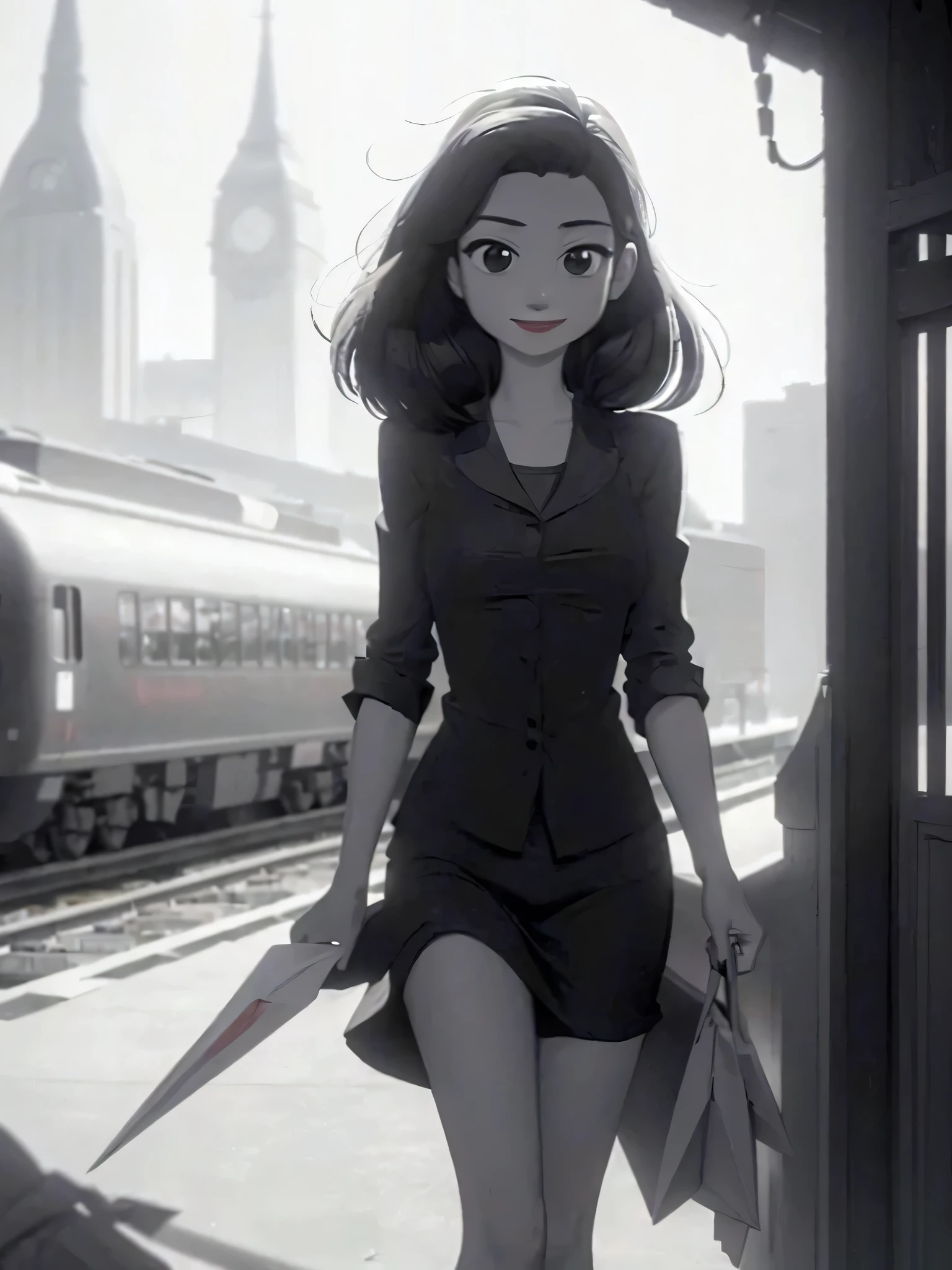 (masterpiece:1.4), (best quality:1.4), (high resolution:1.4), monochrome, 1girl, meg, smile, red lipstick, open shirt, full body, black lingerie, paper airplane, looking at viewer, train station