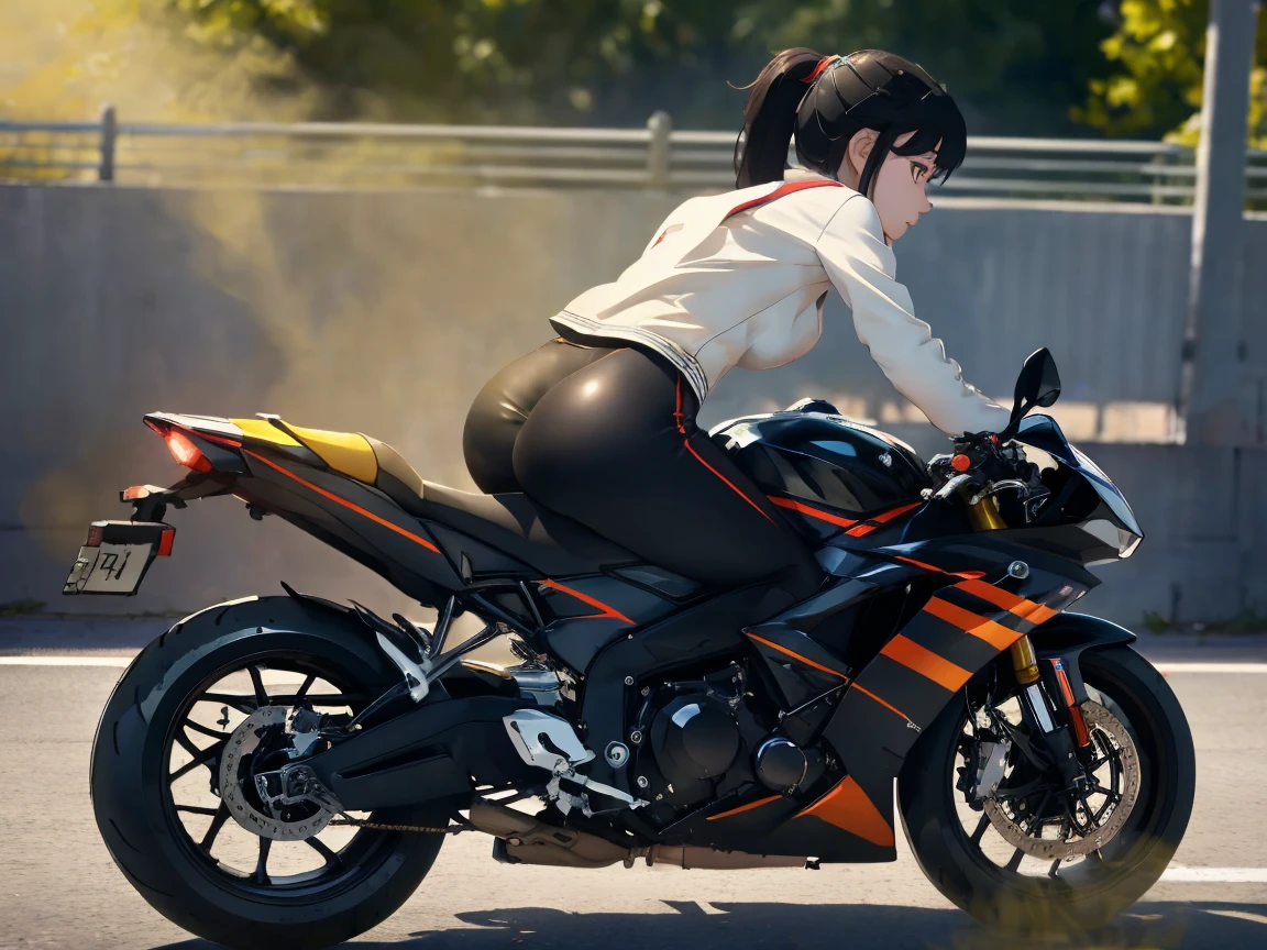 masterpiece,best quality, 1girl,solo kill la kill, ((velocity)),Attacked by farts, (((Women farting))),(girl farting while riding a sport bike),velocity,)(a female motorcycle club member),(wearing a motorbike community clothing ),(her butt facing screen)) (ponytail blackhair),(Asian woman),(Highway),(masterpiece:1.2、top-quality, best-quality)、(the Extremely Detailed CG Unity 8K Wallpapers、ultra-detailed、Best Shadows)、(Detailed background)、(The best lighting、extremely delicate and beautiful)、depth of fields、1girl in、solo、