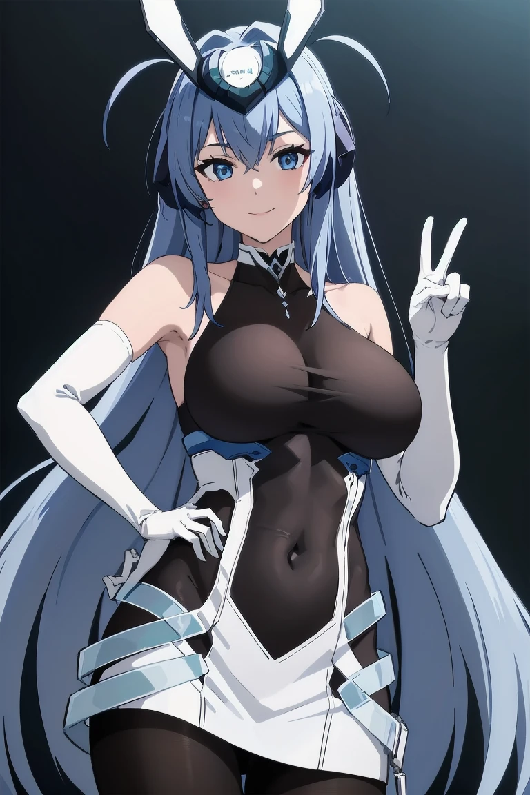 1girl, solo, facing viewer, looking at viewer, upper body, smile, AANJ, LONG HAIR, HAIR INTAKES, HEADGEAR, LARGE BREASTS, BARE SHOULDERS, COVERED COLLARBONE, BODYSTOCKING, WHITE DRESS, SLEEVELESS, ELBOW GLOVES, WHITE GLOVES, COVERED NAVEL, SIDE CUTOUT, PANTYHOSE  、gal peace