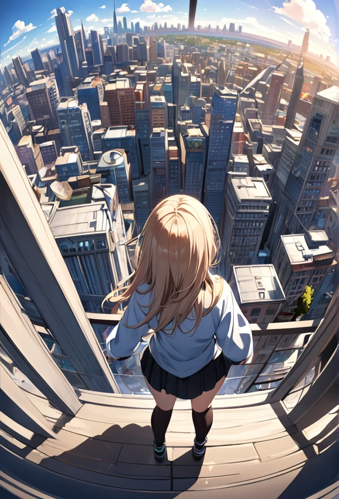  1 girl,  high definition, Fantasy City、 Look Down、Fisheye Shot, Cluttered cityscape、Overlooking、Detailed