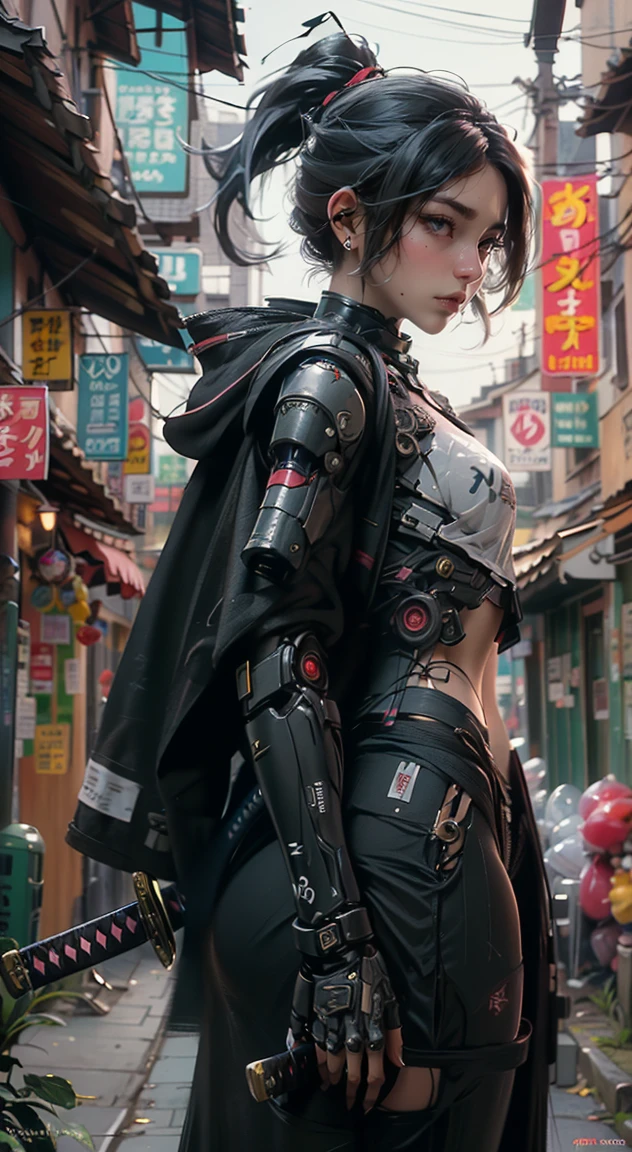 1female samurai cyborg wearing a cloak, (Black Coat:1.2), holding sword, Katana, God of War, complex, 8k, (Masterpiece, Best quality:1.2), extremely detailed, cinematic, iridescent, armor, mecha,