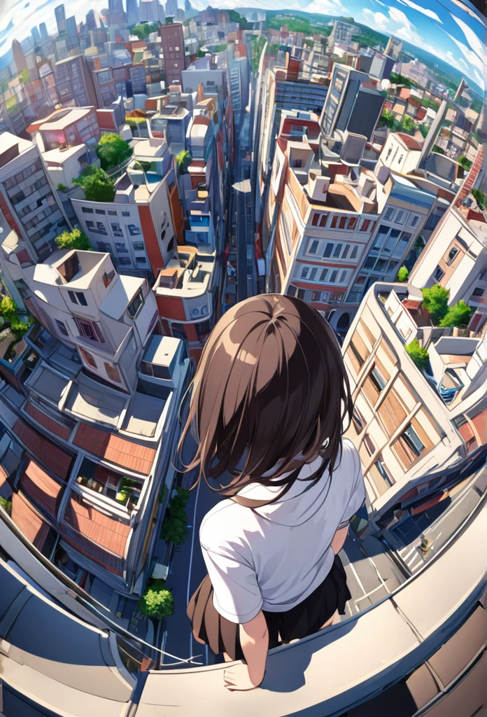  1 girl,  high definition, Fantasy City、 Look Down、Fisheye Shot, Cluttered cityscape、Overlooking、Detailed