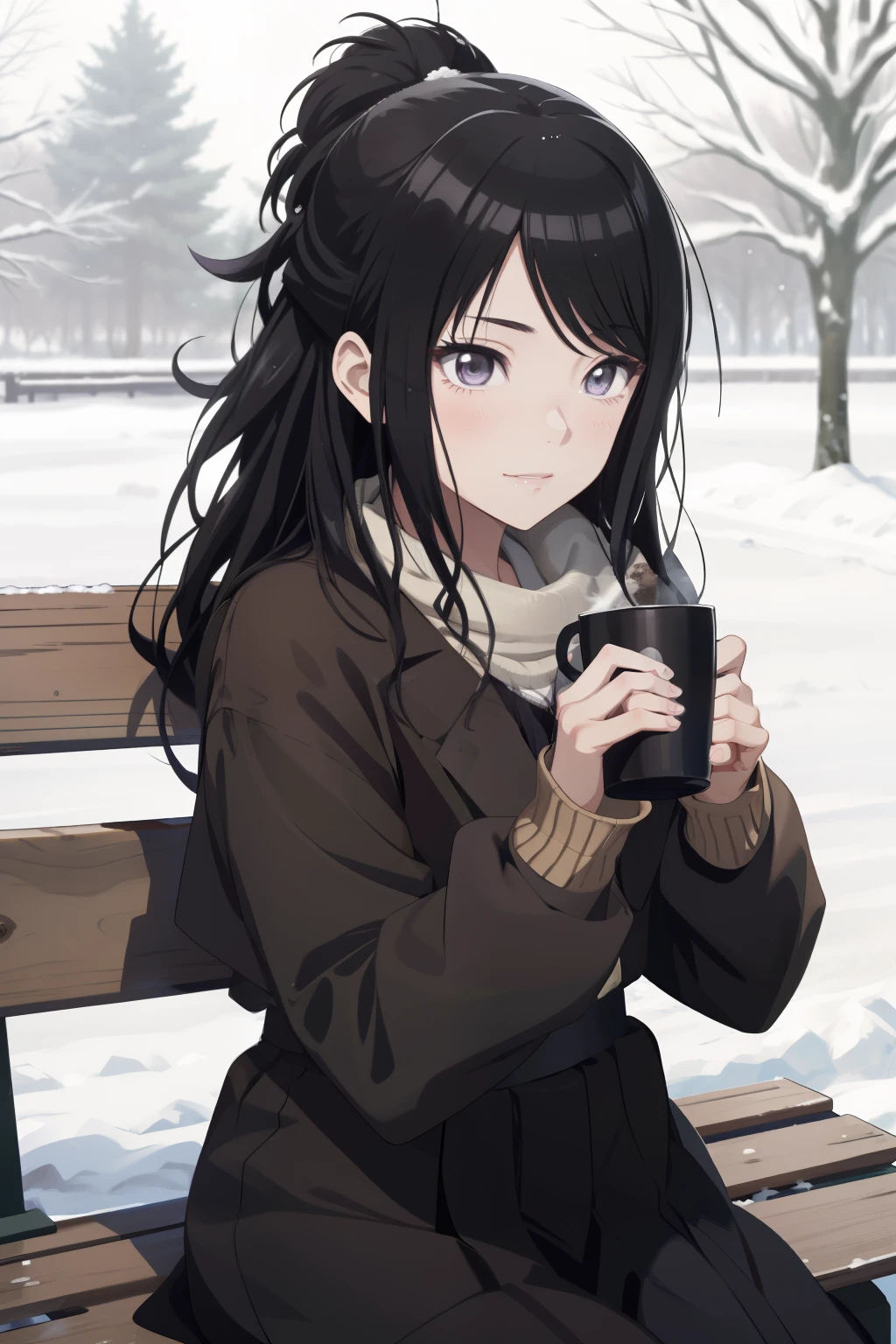 an hiperealistic shot of hinata(shippuden), ((hiori kazano)), idolmaster, Detailed eyes,  long hair, ponytail, half updo, hair ornament,, (sweet woman), manwha style, holding a hot cocoa cup, sitting on a snowy bench, frozen nature