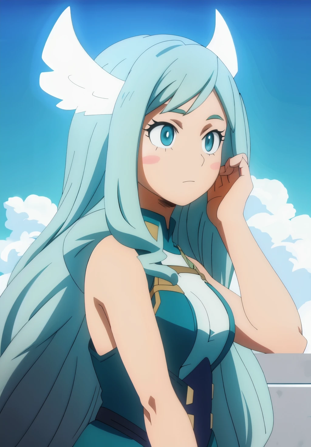 make a girl, Boku no Herk Academia , long wavy hair, From with white with teal eyes more drawn to blue, angelic beauty and gentle look