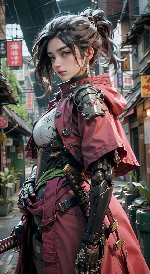 1female samurai cyborg wearing a cloak, (pink green Coat:1.2), holding sword, Katana, God of War, complex, 8k, (Masterpiece, Best quality:1.2), extremely detailed, cinematic, iridescent, armor, mecha,