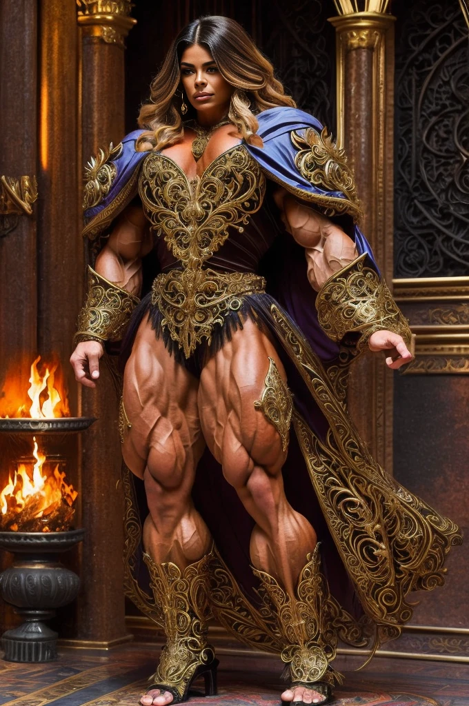 muscular massive 20 yo latina woman, fantasy witch, very long hair, cute lovely beautiful woman, (((magnificant robes ornate))), gargantuan muscles, massive muscular thighs, strong well defined muscle, massive powerful bodybuilder physique, perfect and flawless musculature, great muscle definition, gigantic massive and bulging physique, broad round hips