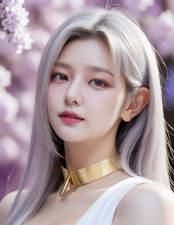 perfect figure beautiful woman：1.4，long Hair Style，Protruding cleavage，top clothing：1.5，Highly Detailed Face and Skin Textur，double eyelid，Whiten the skin，white long hair，playing water，Collar golden, purple lilac eyes, bambi eyes, white hair