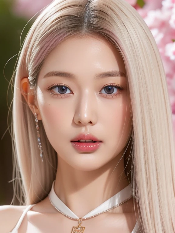 perfect figure beautiful woman：1.4，Layered Hair Style，Protruding cleavage，Pink two-dimensional clothing top：1.5，Highly Detailed Face and Skin Textur，double eyelid，Whiten the skin，long whitr hair，playing water，Collar and golden, pink lilac eyes, bambi eyes, white hair, hairs white