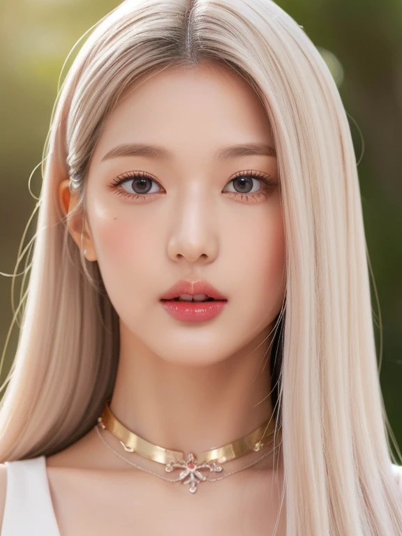 perfect figure beautiful woman：1.4，Layered Hair Style，Protruding cleavage，Pink two-dimensional clothing top：1.5，Highly Detailed Face and Skin Textur，double eyelid，Whiten the skin，long whitr hair，playing water，Collar and golden, pink lilac eyes, bambi eyes, white hair, hairs white