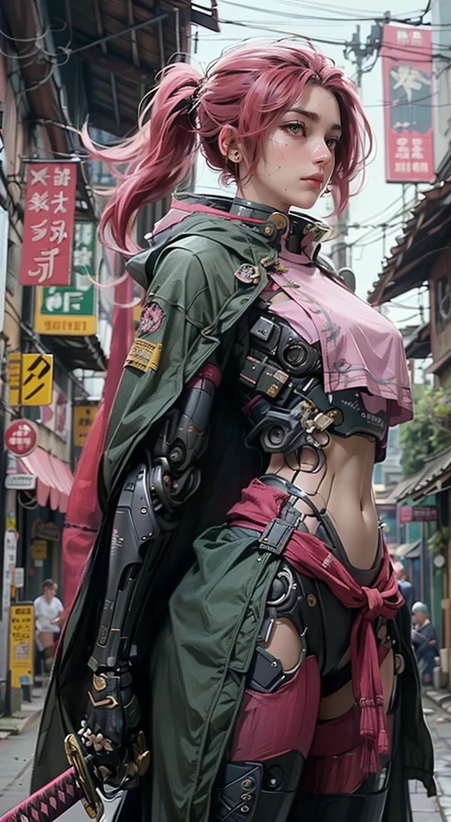 1female samurai cyborg wearing a cloak, (pink green Coat:1.2), holding sword, Katana, God of War, complex, 8k, (Masterpiece, Best quality:1.2), extremely detailed, cinematic, iridescent, armor, mecha,