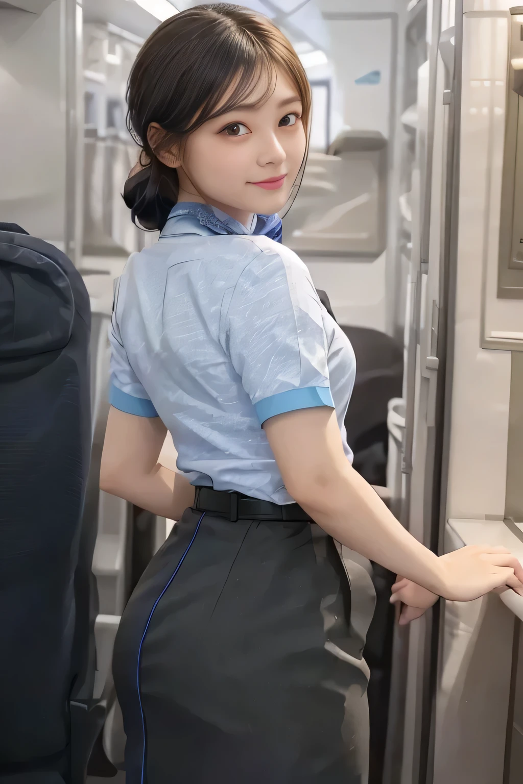 (masterpiece:1.2, Best Quality:1.2), 32kHDR,  high definition, (Alone、 1 girl)、（Rooftop of a building during the day、 Professional Lighting）、With the roof of the building in the background 、（ANA flight attendant uniform blueを着たリアルスタイル）、（（ANA flight attendant uniform blue blue short sleeve blouse  、 ANA FLIGHT ATTACENT UNIFORM BLUE SKIRT WITH A BLUE LINE IN THE BACK、 scarf around the neck ））、 Dark brown hair 、（Long Hair、Hair tied up、Hair tied up）、 Dark brown hair 、Long Hit、Big Breasts、Thin legs、（（Great hands：2.0）），（（ Harmonious Body Proportions ：1.5）），（（Normal limbs：2.0）），（（Usually refers to：2.0）），（（ Delicate Eyes：2.0）），（（Normal eyes：2.0））)、smile、（ANA flight attendant uniform blueを見せた美しい後ろ姿）、Hands clasped underneath