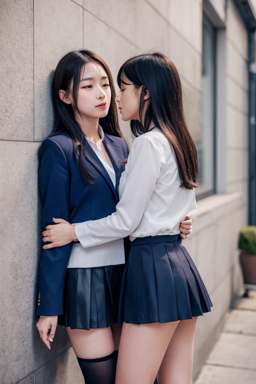 (realistic, photo-realistic:1.4), (best quality,masterpiece:1.2), RAW photo, high resolution, intricate details, extremely detailed, sharp focus, cinematic lighting, (full body, frontal photography:1.5), (couple, two girls, a tall girl and a short girl:1.6), 16yo Japanese women standing, (couple grabbing roughly each other:1.5), (grabbing another's arm, grabbing another's ass), leaning against the wall outside classroom, smaller face, thin, slim, slender, thin legs, (blazer, skirt, bare legs, socks, loafers, wearing a tokiwadai school uniform:1.4), dark hair, (detailed face, beautiful detailed eyes, sophisticated nose), pale skin,
(peeing self, urinate a lot while kissing, urination:1.8), (big pee puddle, pee stain, pee running down legs),
photo background, indoors, hallway,
