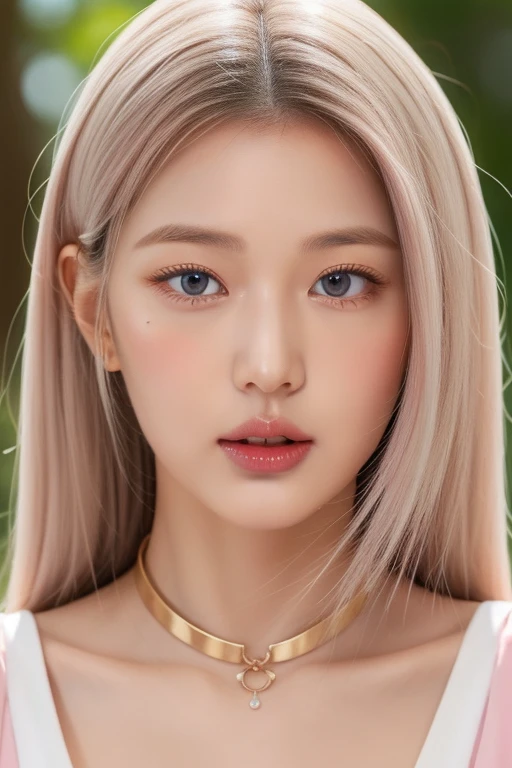 perfect figure beautiful woman：1.4，Layered Hair Style，Protruding cleavage，Pink two-dimensional clothing top：1.5，Highly Detailed Face and Skin Textur，double eyelid，Whiten the skin，long whitr hair，playing water，Collar and golden, pink lilac eyes, bambi eyes, white hair, hairs white