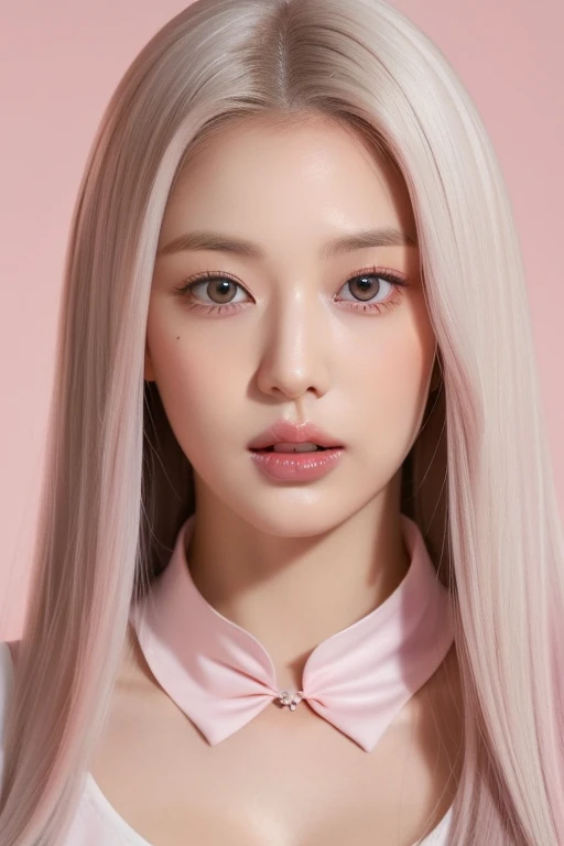 perfect figure beautiful woman：1.4，Layered Hair Style，Protruding cleavage，Pink two-dimensional clothing top：1.5，Highly Detailed Face and Skin Textur，double eyelid，Whiten the skin，long whitr hair，playing water，Collar and golden, pink lilac eyes, bambi eyes, white hair, hairs white