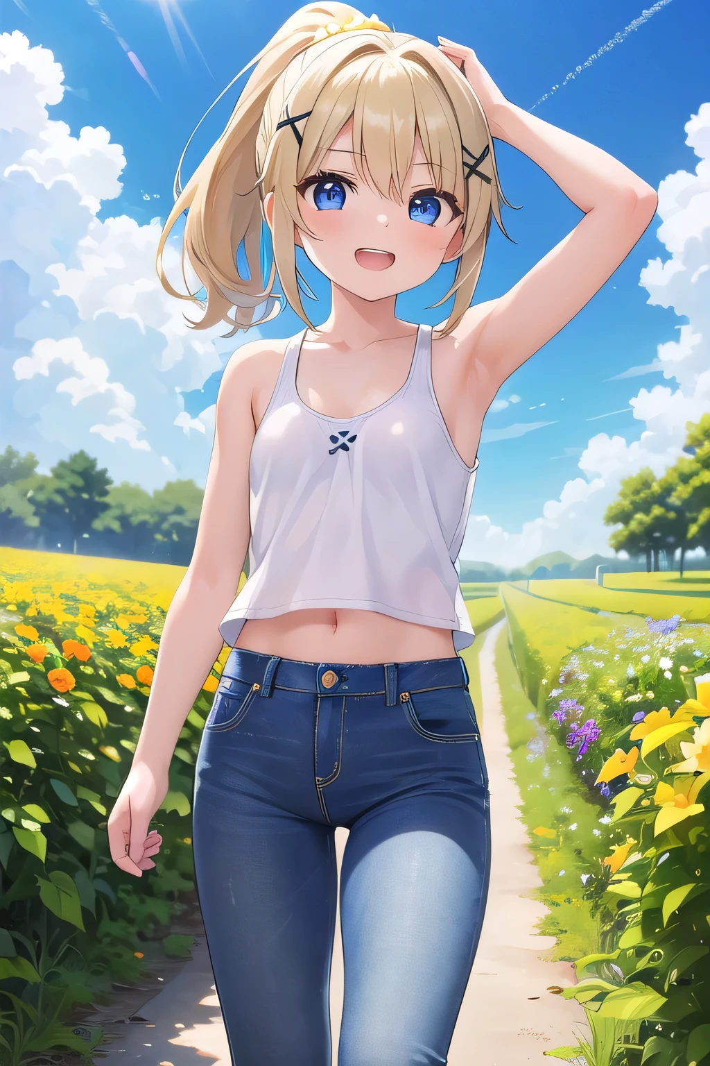 masterpiece,best quality,ultra detail,1girl, ****,petite,Laugh happily,flower garden,sunshine,cloud,ponytail hair, blue eyes, blonde hair, hair ornament, x hair ornament,Raise your arms and bring them behind your head,White teeth, white tank tops,jeans, 