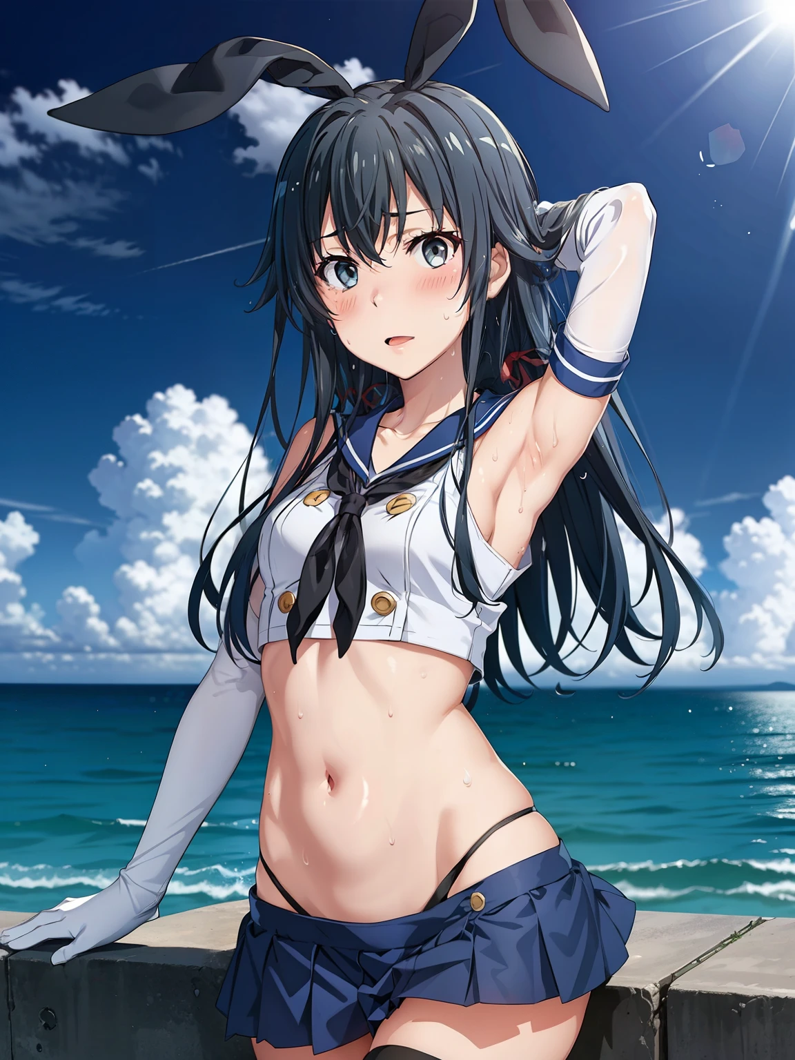 ((Best Quality,  high definition,   perfect pixel,  4K)),  ( beautiful anime girls turning their eyes),  depth of field 、

Yukinoshita Yukino、Small breasts、Black Hair、

shimakaze \\(kancolle\\)、
elbow gloves、White gloves、
striped thighhighs、
highleg panties、
blue pleated skirt、
 hair bow、

Groin、Striped panties、
(blush、 embarrassing、sweat:1.3)、

sea、null、cloud、sunlight、