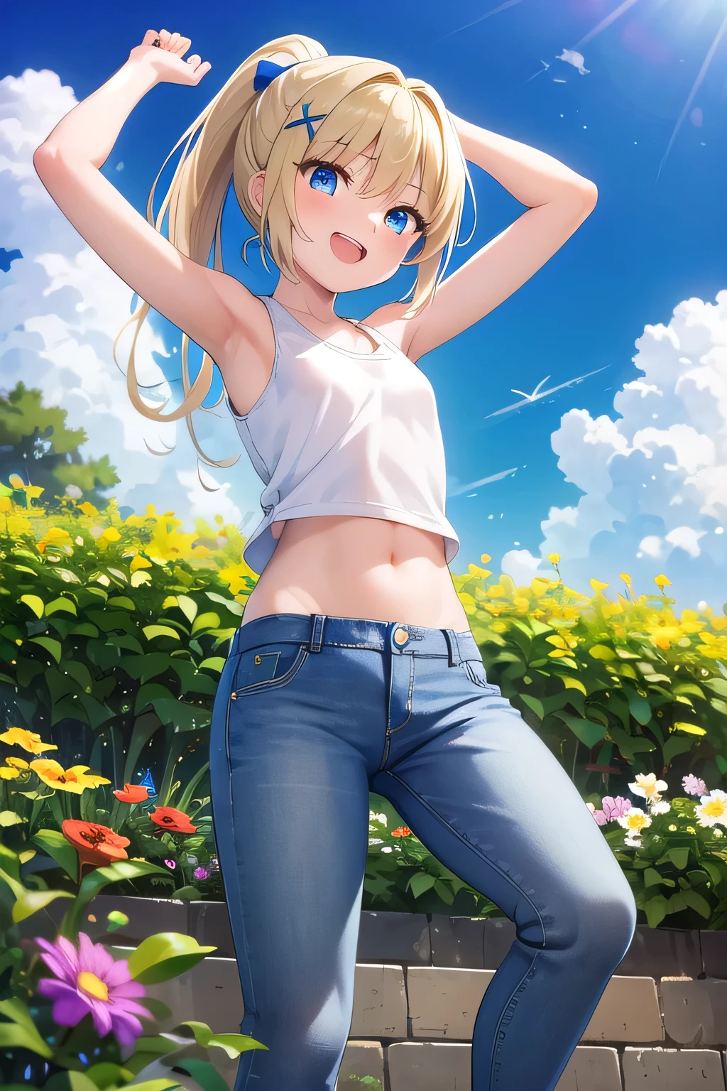 masterpiece,best quality,ultra detail,1girl, ****,petite,Laugh happily,flower garden,sunshine,cloud,ponytail hair, blue eyes, blonde hair, hair ornament, x hair ornament,Raise your arms and bring them behind your head,White teeth, white tank tops,jeans, from below