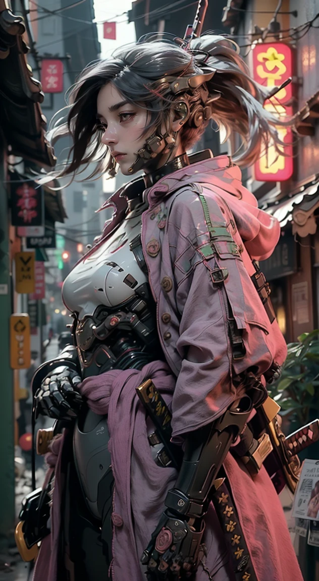 1female samurai cyborg wearing a cloak, (pink green Coat:1.2), holding sword, Katana, God of War, complex, 8k, (Masterpiece, Best quality:1.2), extremely detailed, cinematic, iridescent, armor, mecha,