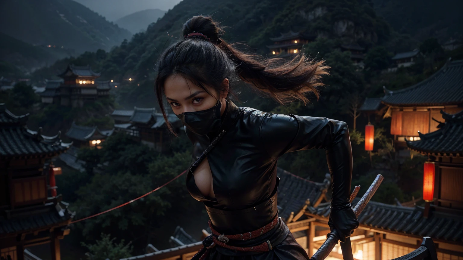 a highly muscular female Samurai with 1 katana, the upper coltes are made of net. transparent thorso, double hairbuns, detailed abs and muscles, dark outfit, ninja facemask, serious expression, glowing katana blade, dynamic action pose, on a chinese ancient roof, in a misty olde chines village at night dark moody lighting, cinematic angle, hyperrealistic, digital art, illustration