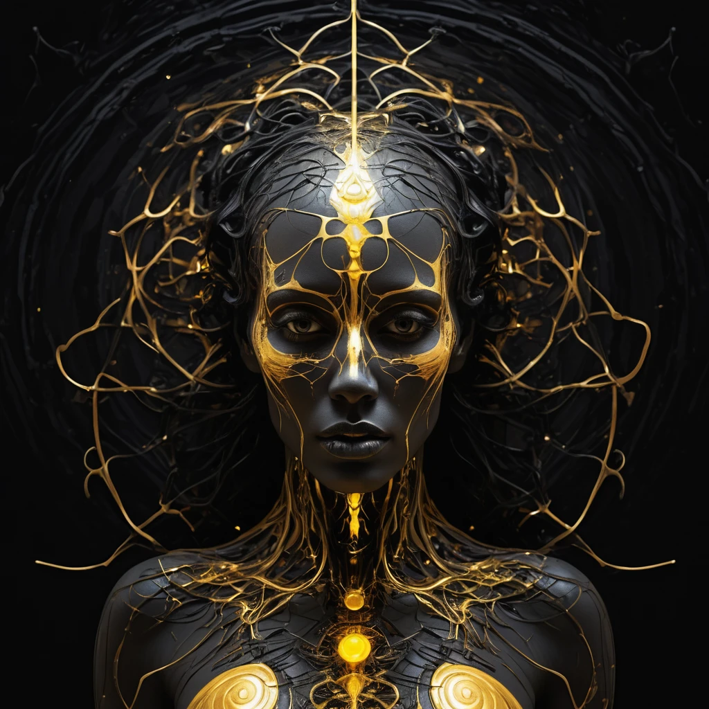 portal of good energy, goddes of death, a black and gold photo of a vgoddes of death body, digital art, generative art, abstract painting,expressive digital art, portrait of an goddes of death, abstract album cover, intertwined a dissolving, staring, messy, penetrate, juicy, sensual, submissive, dominant, (sexual:1.3), sexy shapes, romantic, fine art, vibrant neon colors, 