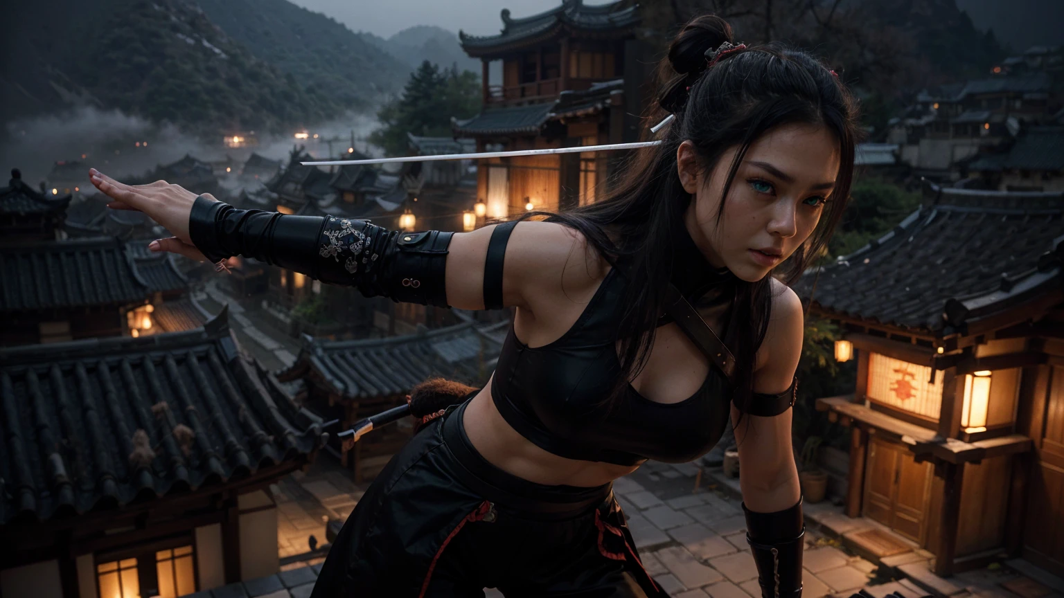 a highly muscular female Samurai with 1 katana, the upper coltes are made of net. transparent thorso, double hairbuns, detailed abs and muscles, dark outfit, serious expression, glowing katana blade, dynamic action pose, on a chinese ancient roof, in a misty olde chines village at night dark moody lighting, cinematic angle, hyperrealistic, digital art, illustration