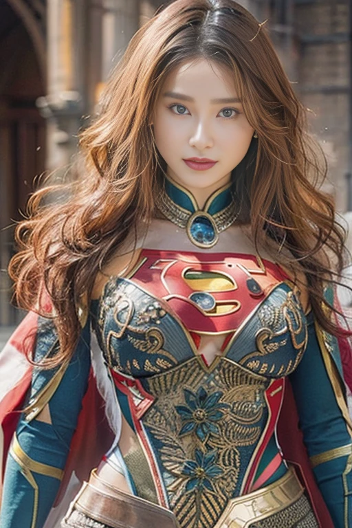 Best Quality, Realistic, photoRealistic,  1 portrait at the time of winning the award, ( intricate detail: 1.2), (Subtle details), ( intricate detail), (Cinematic Light), 1peopleの成熟した女性, Well-groomed super medium hair ,  Supergirl,  bouncy breasts so big and firm that they stick out of my big body: 1.7,  nipples that can tell the shape even when wearing a costume:1.5, Slim and tight waist ,  big round ass ,  An ideal and attractive body line, There is also a Superman emblem on the chest of the special luxurious formal costume at the time of the award,  anatomically accurate, people々A gentle expression that makes you feel safe , I'm smiling at the audience ,  anatomically accurateな, 