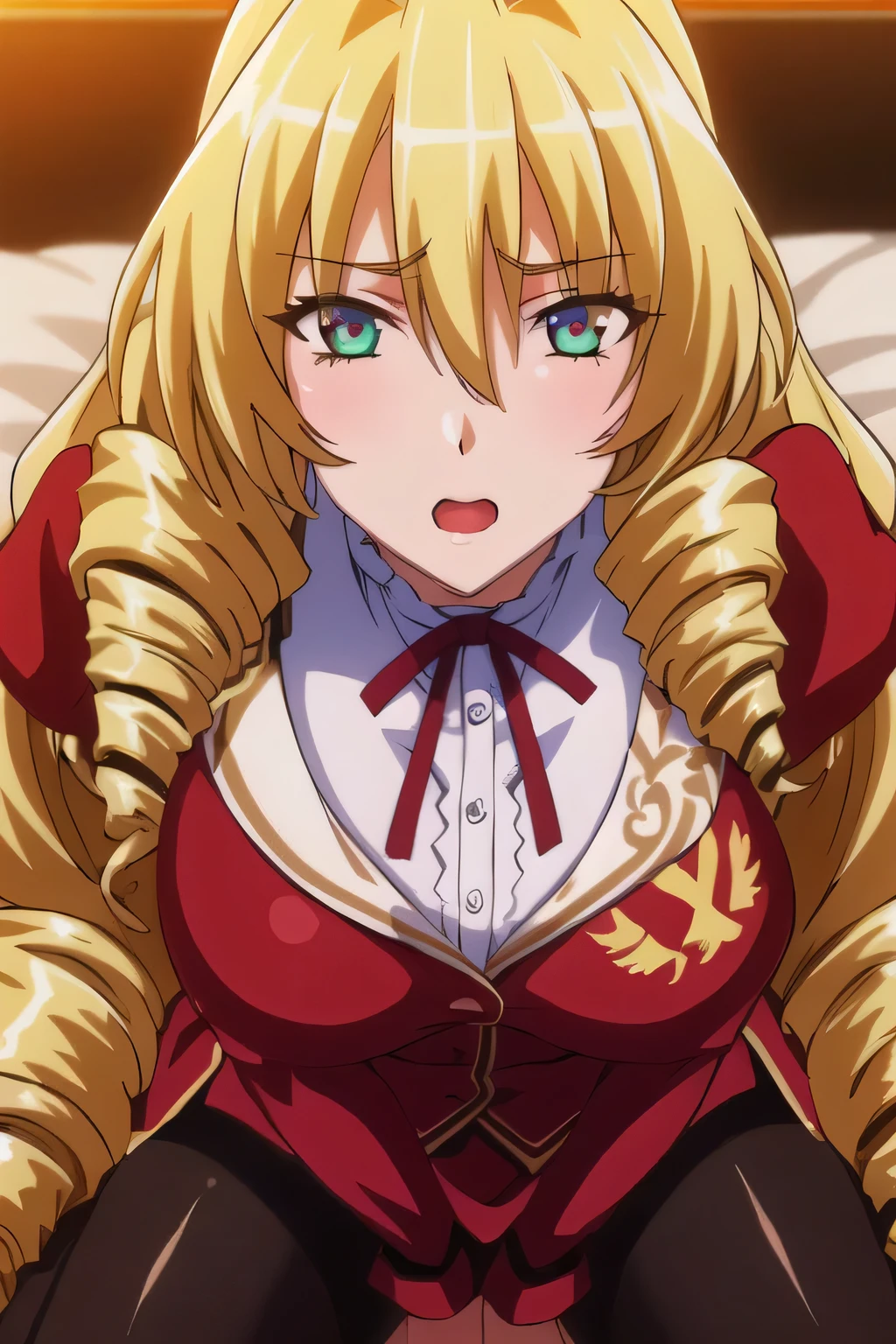 Ribbon tie, Red School Uniforms, red dress ,length_sleeves, black pantyhose, blond hair,very length hair, drillヘア,twin_drill,green_eye,
1 girl, 20 years old, young woman,beautiful Finger,beautiful length legs,beautiful body,beautiful Nose,beautiful character design, perfect eye, perfect face,expressive eye, , Center of image,(Light_笑face:0.5), Official Art, Highly Detailed CG Unity 8k Wallpaper, perfect Lighting,colorful, bright_Front_face_illumination,shiny skin, (masterpiece:1.0),(Highest_quality:1.0), Ultra Hi-Res,4K,Super detailed, photo shoot, 8k, high definition, high definition, Absurd:1.2, Kodak Portra 400 , film grain , blurry background, Bokeh:1.2, lens flare , (Vibrant_color:1.2) (beautiful,big_breast:1.0), (beautiful_face:1.5),(narrow_Waist)