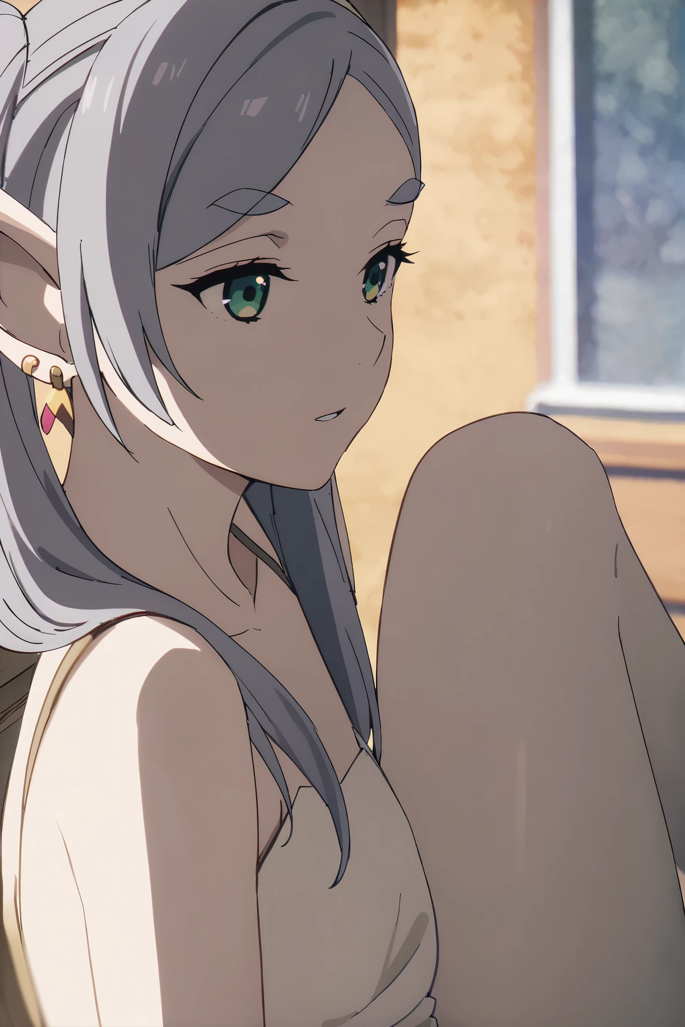 NSFW,masterpiece,Best Quality, high definition, very detailed,Frielen \(葬送のFrielen\), pointed ears、Elf、 earrings for a woman alone、 twin tails、Parted bangs、Gray Hair、 thick eyebrows