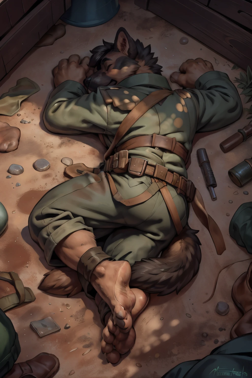 (ultra quality):1.4, color, smooth comics style, (by takemoto arashi, by meesh, by Taran Fiddler), solo:1, (sleeping)) ((blackfeetsoles)) ((black feetsoles)) ((knockout face)) did a german shephard in the german soldier uniform without shoes.
He is dead in the trench, lying on the back, closed eyes, tonque stuck out of the mounth, defeated on the floor after a fight, exhausted, closed eyes, tonque out of the mounth , ((feet focus)) fluffy tail. Battlefield 
