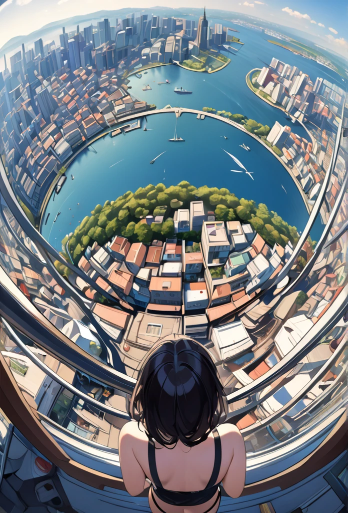  1 girl,  high definition, Fantasy City、 Look Down、Fisheye Shot, Cluttered cityscape、Overlooking、Detailed