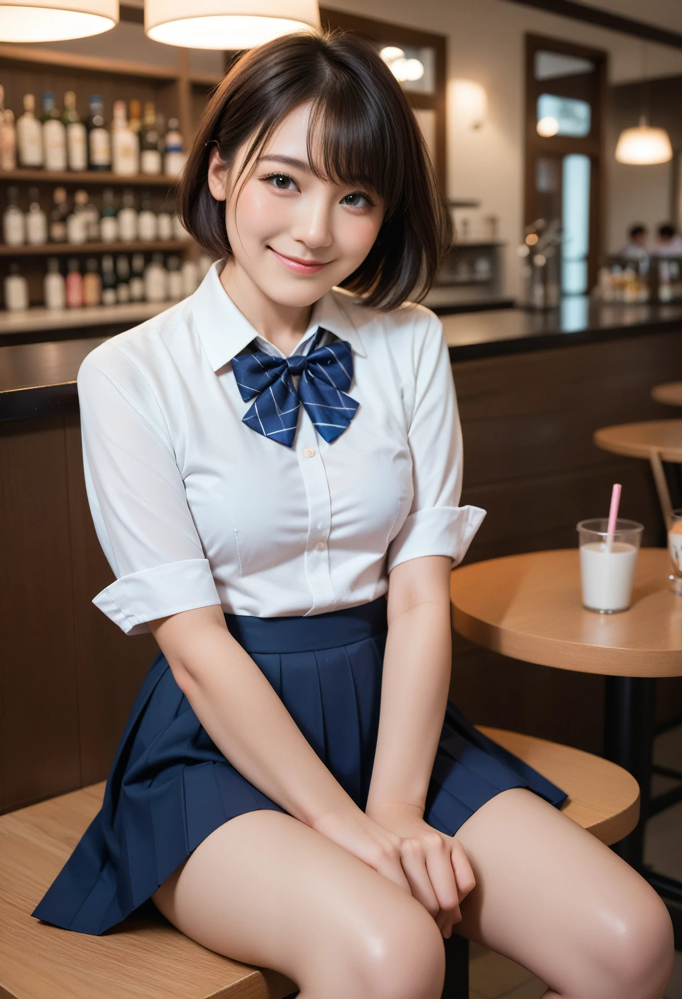 (8k, RAW photo, best quality, masterpiece:1.2), (realistic, photo-realistic:1.37), ultra-detailed, 1 girl,cute, solo,beautiful detailed sky,detailed cafe,night,sitting,dating,(nose blush),(smile:1.1),(closed mouth), medium breasts,beautiful detailed eyes,(collared shirt:1.1), bowtie,pleated skirt,(short hair:1.2),floating hair