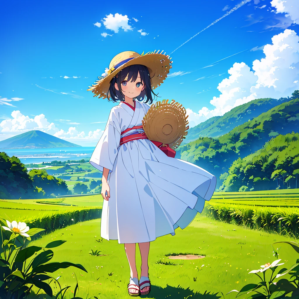 beautiful illustration, best quality, young girl, twelve years old, white summer dress, straw hat, standing in lush Japanese countryside, tall rice plants, smiling warmly, curious leaning pose, looking towards viewer, full body, straw sandals, clear blue sky with a few clouds, distant ocean in background, bright natural lighting