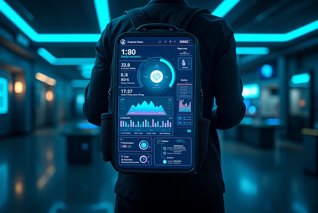 "Design a futuristic, high-tech digital screen interface (UI) with a sleek sci-fi look, specifically as a flat texture for a digital display on a backpack. The interface should include holographic-style icons, data visuals, temperature readings, and AI system notifications. Use a dark background with neon blue and cyan accents to create a professional and modern look. Focus only on the screen content without any visible device frame or surrounding hardware."