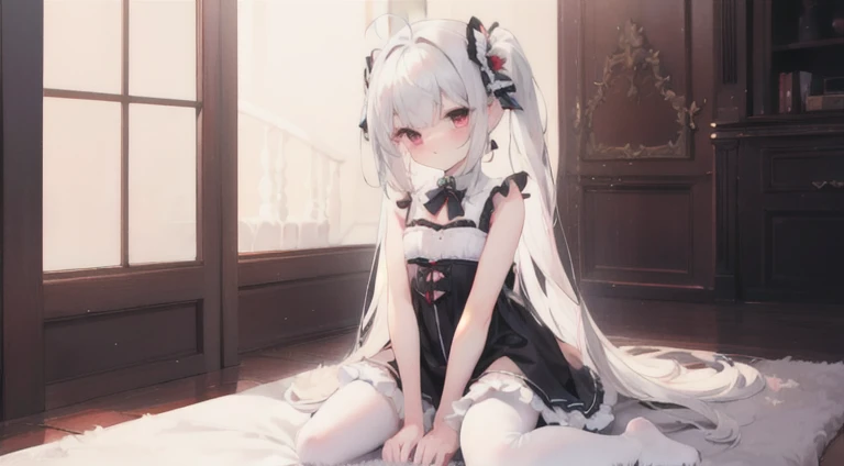 ahoge,bangs,Side_pony tails,White_Hair,Red_Eyes,reaching,Embarrassed,standing,Loli,flat_chest,slippers,shift dresses,rendering by octane,Meticulous painting,flowers meadows,angle of view,shoulder cutout,From above,full bodyesbian,Perspective,Overall view,,on top of the bed,Bedroom,A high resolution,art of light novel,art of light novel,Petite,lolita fashion,Petite,Babe,ahoge,Long hair,White hair,golden colored_Hair,Red_Eyes,Kneeling&setting on floot,wariza,Slim legs,hand between legs,Blush,Beautiful detailed eyes,Sweet_Lolita,White pantyhose,White stockings,White_upper legs,no shoe,Collar,neck bowtie,Tiny_chest,Tiny_chest,One guy,One guy,Maid dress,dress,