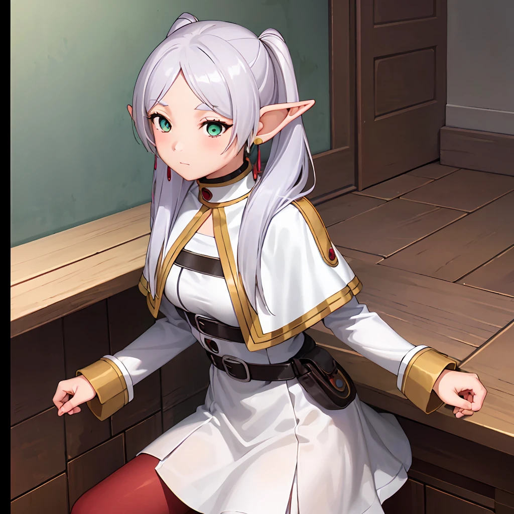  1 girl,  twin tails,  very long hair ,  silver hair,  pointed ears, Elf,  white capelet, green eyes,  black pantyhose,  earrings for a woman alone, White Skirt, belt, White sleeves, (Play video games:1.2)