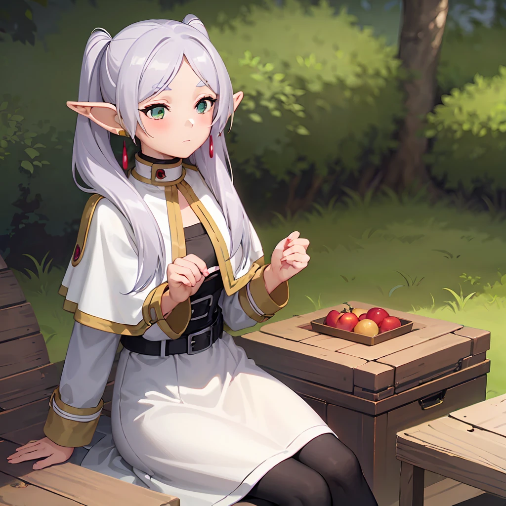  1 girl,  twin tails,  very long hair ,  silver hair,  pointed ears, Elf,  white capelet, green eyes,  black pantyhose,  earrings for a woman alone, White Skirt, belt, White sleeves, (Play video games:1.2)