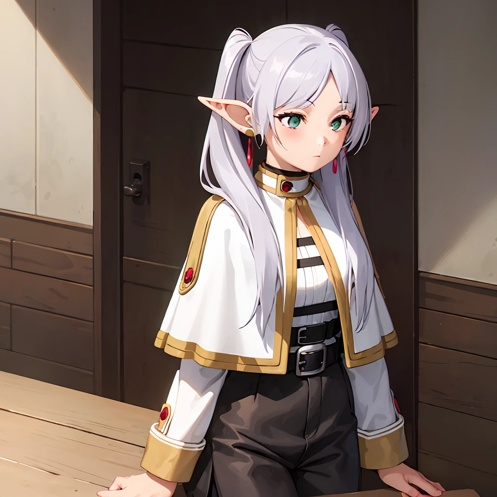  1 girl,  twin tails,  very long hair ,  silver hair,  pointed ears, Elf,  white capelet, green eyes,  black pantyhose,  earrings for a woman alone, White Skirt, belt, White sleeves, (Play video games:1.2)