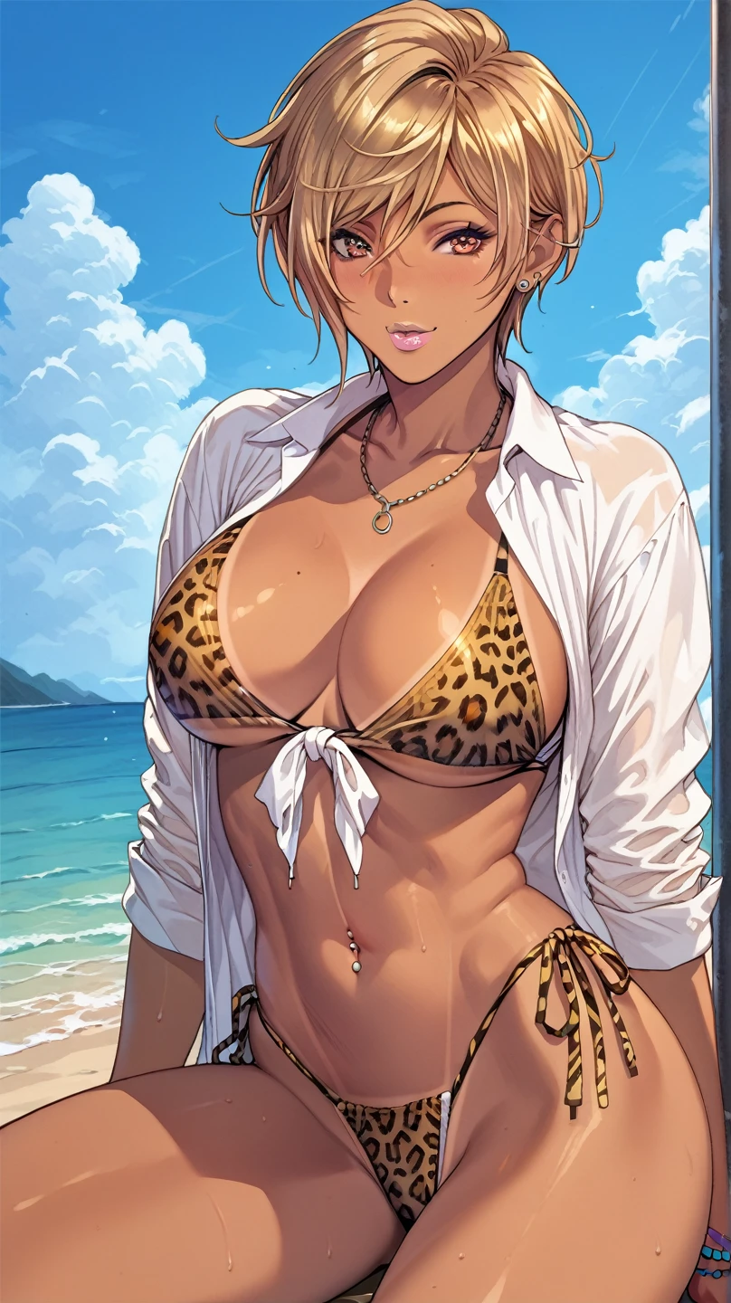 score_9, Score_8_up, score_7_up, 1girl, very short hair, blonde hair, beach, ((piercing)), gyaru, white tied shirt, open clothes, leopard print bikini, ((tanned)), brown skin, 