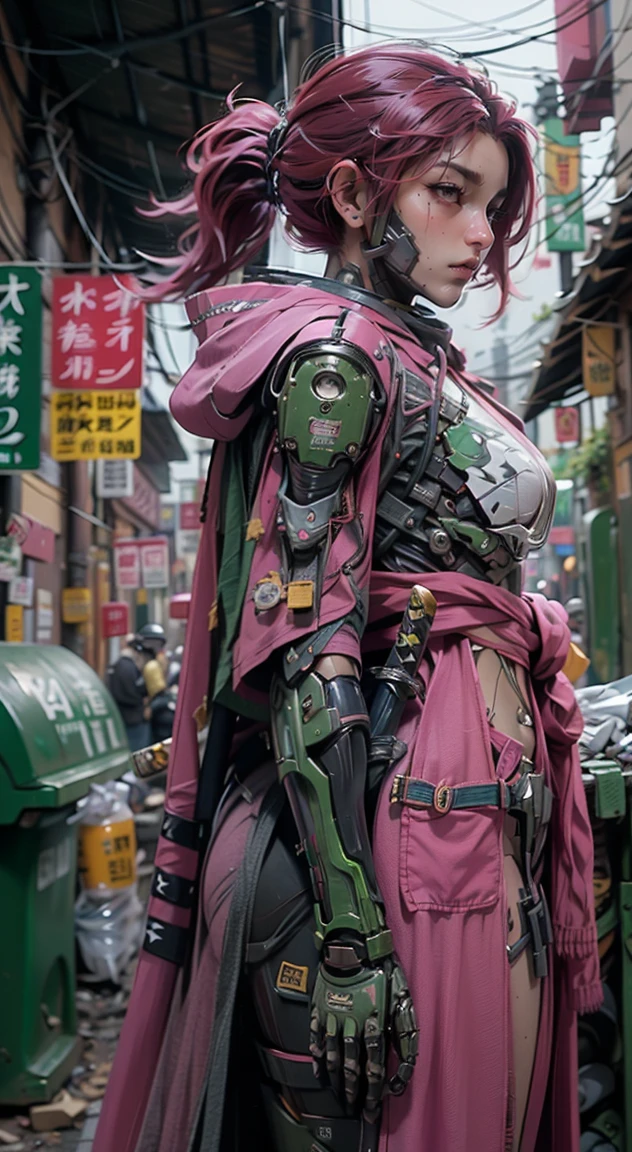 1female samurai cyborg wearing a cloak, (pink green Coat:1.2), holding sword, Katana, God of War, complex, 8k, (Masterpiece, Best quality:1.2), extremely detailed, cinematic, iridescent, armor, mecha,